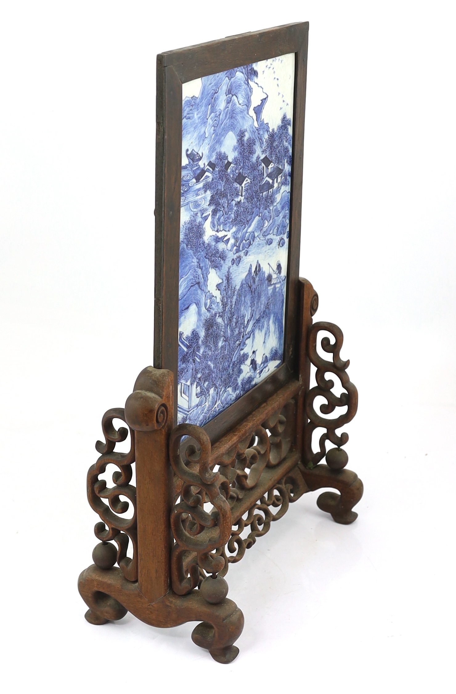 A Chinese blue and white ‘landscape’ table screen, late 19th century